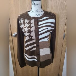 Jenny Zebra Print Houndstooth Colorblock Studded Eclectic Brown Button Cardigan